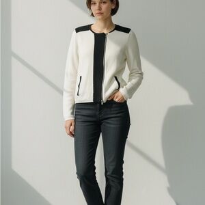 Ralph Lauren LRL Sweater Womens M Cream Black Full Zip Asymmetrical Colorblock